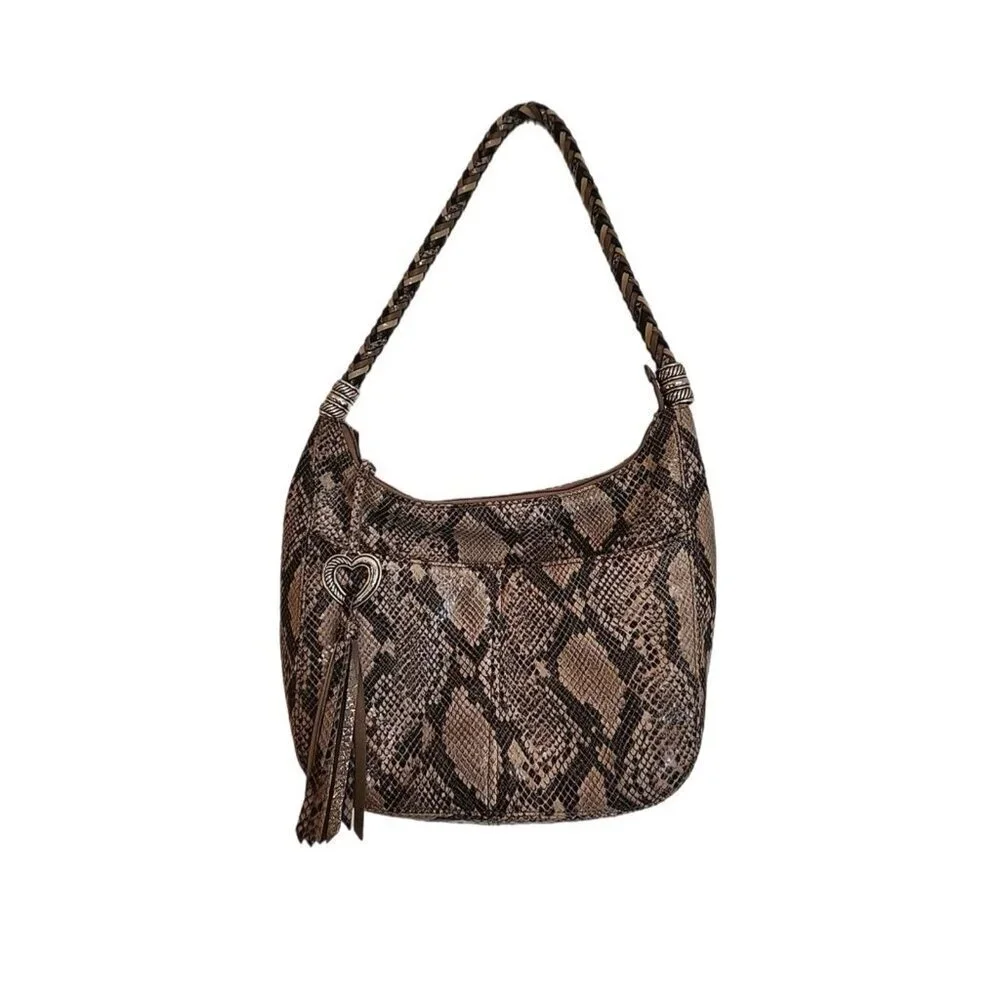 Brighton Snake Print Leather Large Shoulder Bag w Charm Braided Handle